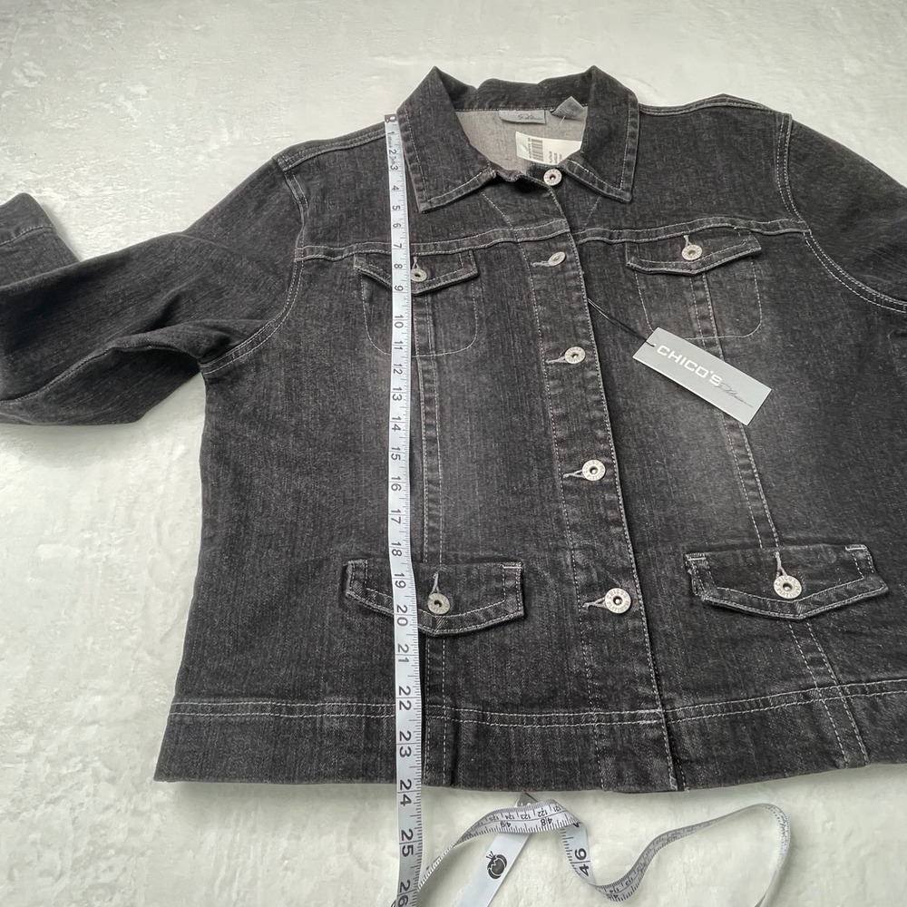 Chico's Platinum Marquis Black Denim Jacket Size 3 NWT Faded Stretch Trucker - Picture 5 of 8